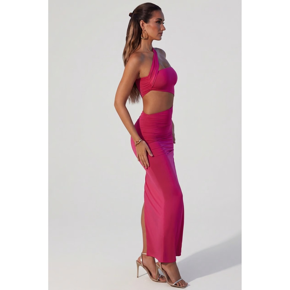 Oh Polly Fuchsia One Shoulder Cut Out Ruched Maxi Dress Pink Size 8 NWT - Picture 3 of 6